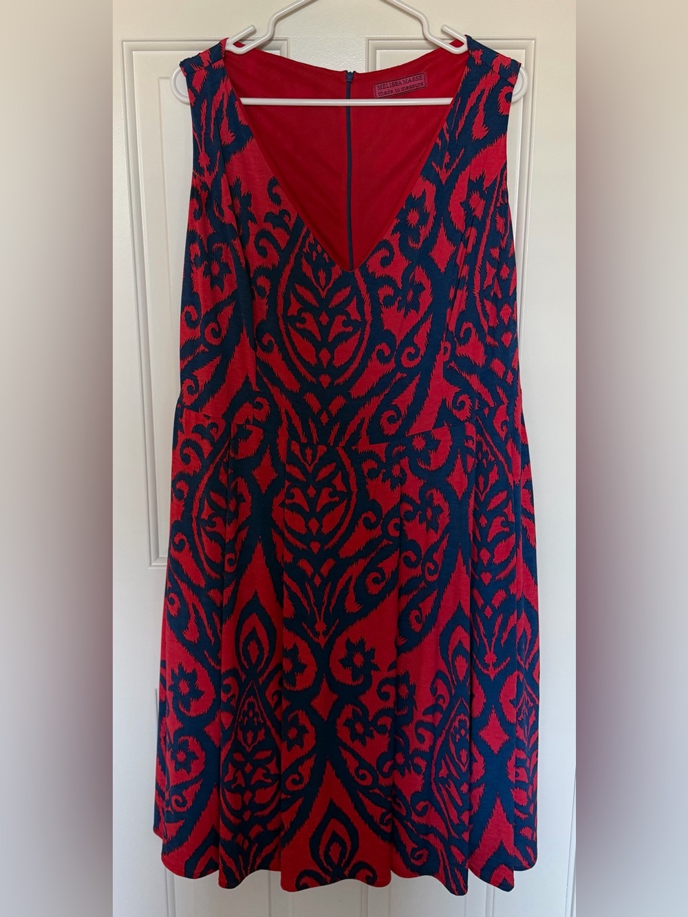 Melissa Masse Red and Navy Patterned V-Neck Midi Dress